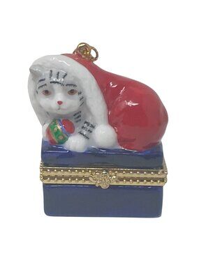 HandPainted Hinged Trinket Box Cat Santa Hat Christmas Ornament 1.25"x 2" #S-2